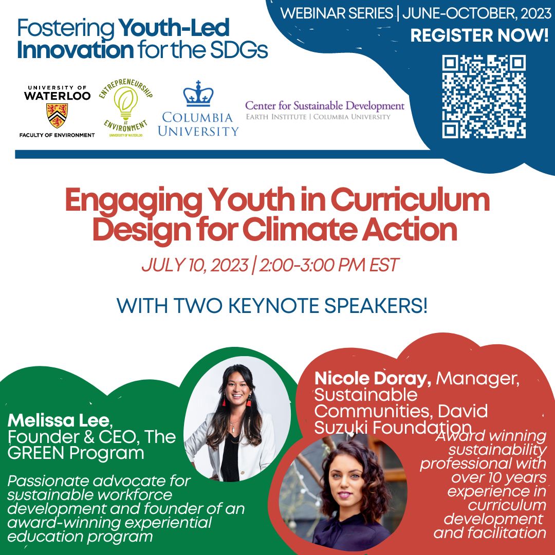 SDSNCanada's tweet image. 📣Calling all youth, educators, researchers, entrepreneurs, policymakers &amp;amp; community members!

👋Join the conversation on participatory curriculum design &amp;amp; #ClimateAction next week with keynote speakers from @DavidSuzukiFDN &amp;amp; @theGREENprogram! 🌱

uwaterloo.zoom.us/meeting/regist…
