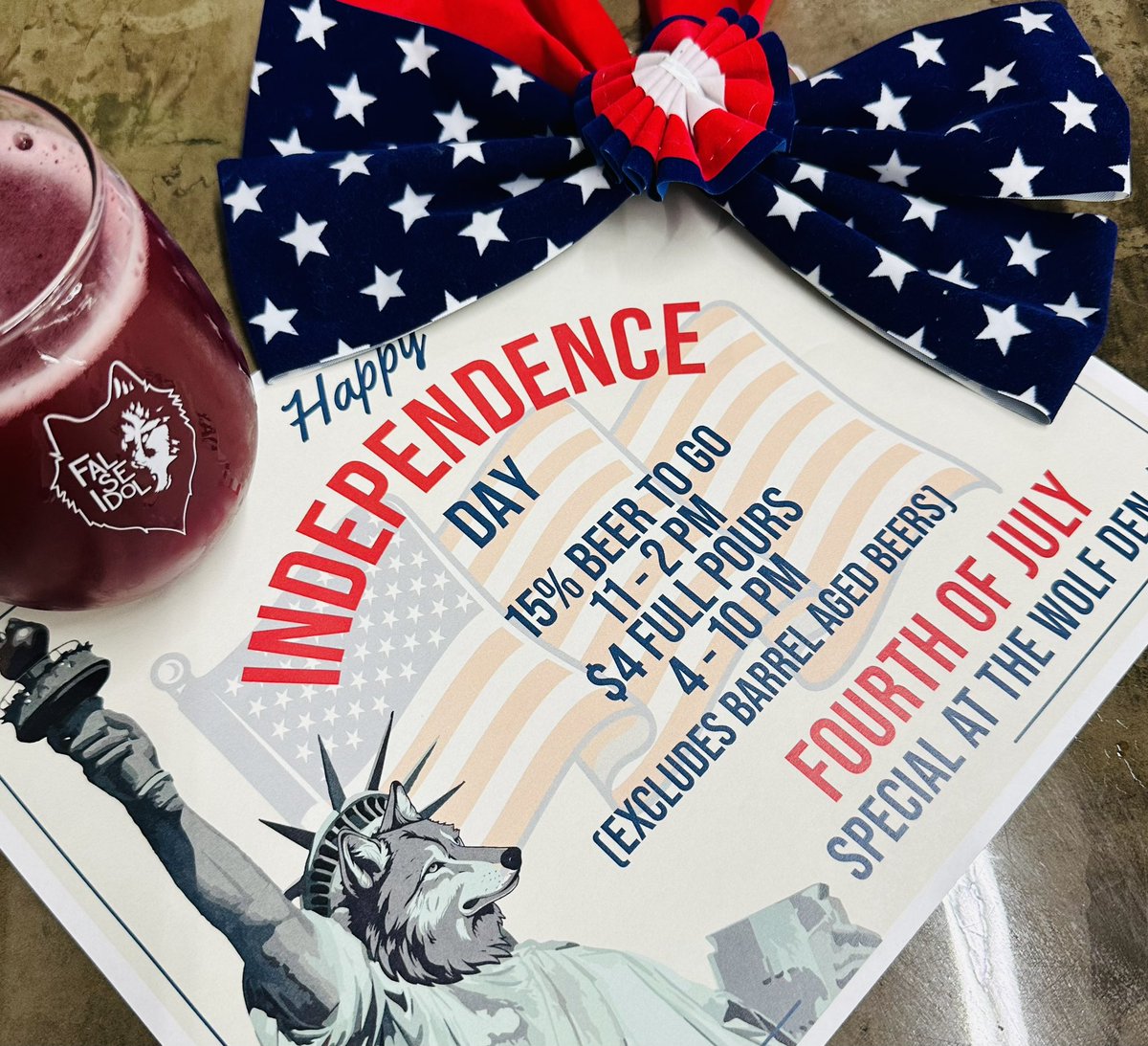 FalseIdolBrew's tweet photo. Happy 4th of July!
We have 15% off beer to go from 11am-2pm & $4 full pours from 4-11pm today!
We are open until 11pm today.
https://t.co/oNrgeVi6Q5
See you soon Wolf Pack!
#Wolfpack #dfwbeer #falseidol #4thofjuly https://t.co/Bx8Ract4iJ