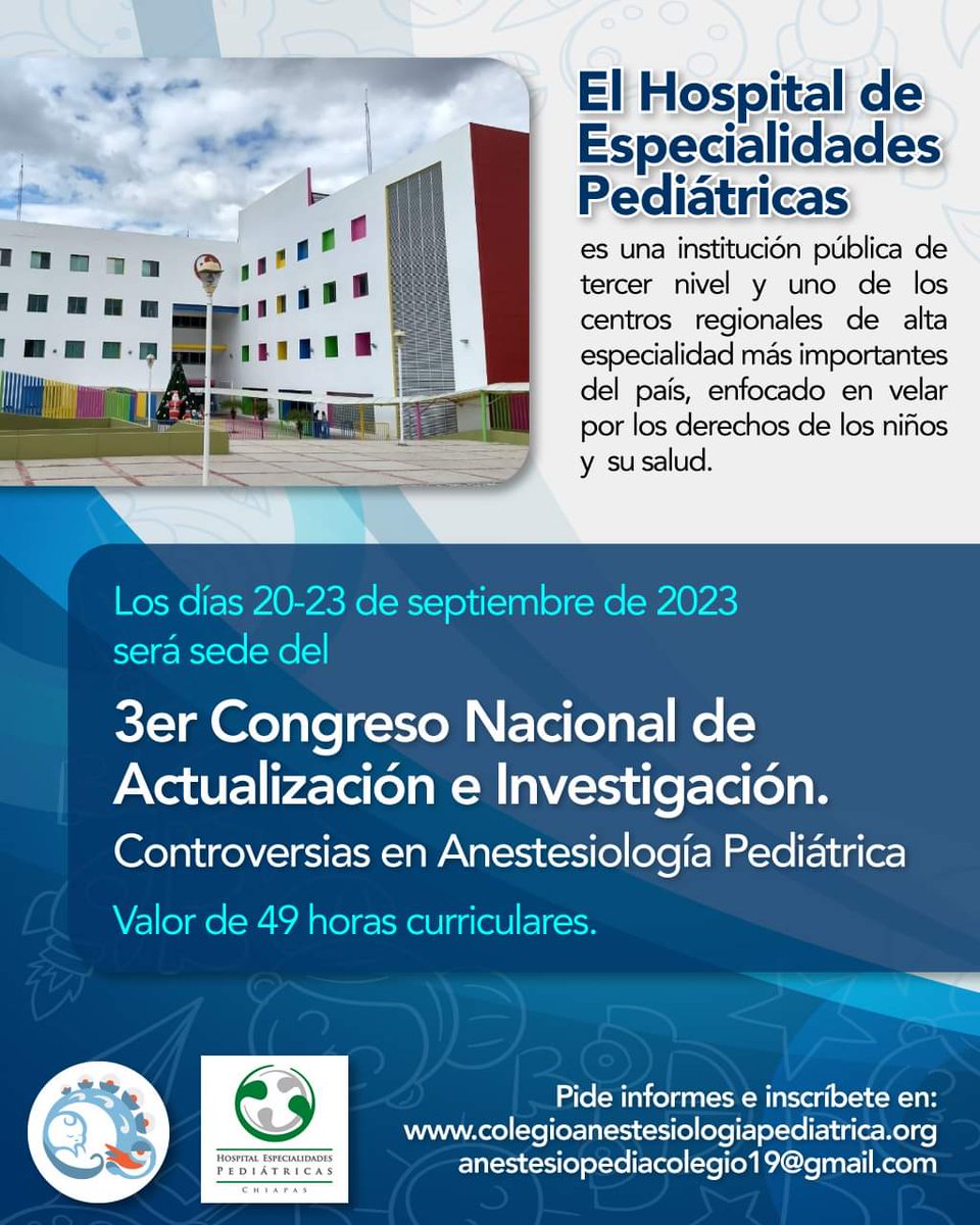 El Hospital de Especialidades Pediátricas de Tuxtla Gutiérrez es nuestra sede del Congreso 2023. Los esperamos colegas anestesiologos pediatras, ramas afines y enfermeras del área de quirofano y pediatría
 <a href="/alexanestesio07/">Anestped</a> <a href="/shakeup29/">Karla Itzel Gtz</a> <a href="/COANECHOFICIAL/">Colegio De Anestesiología Del Estado De Chiapas</a>  <a href="/cequipep/">CEQUIPEP</a> <a href="/DePediatrica/">Colegio De Anestesiología Pediátrica AC</a>