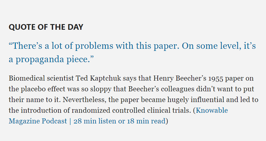 "I asked Fred Mosteller, Henry Beecher's statistician for his whole career: “Fred, why weren’t you an author? It’s a mathematical paper, how could you not have been an author?” He said, “I didn’t want to be an author." (via <a href="/KnowableMag/">Knowable Magazine</a>)
