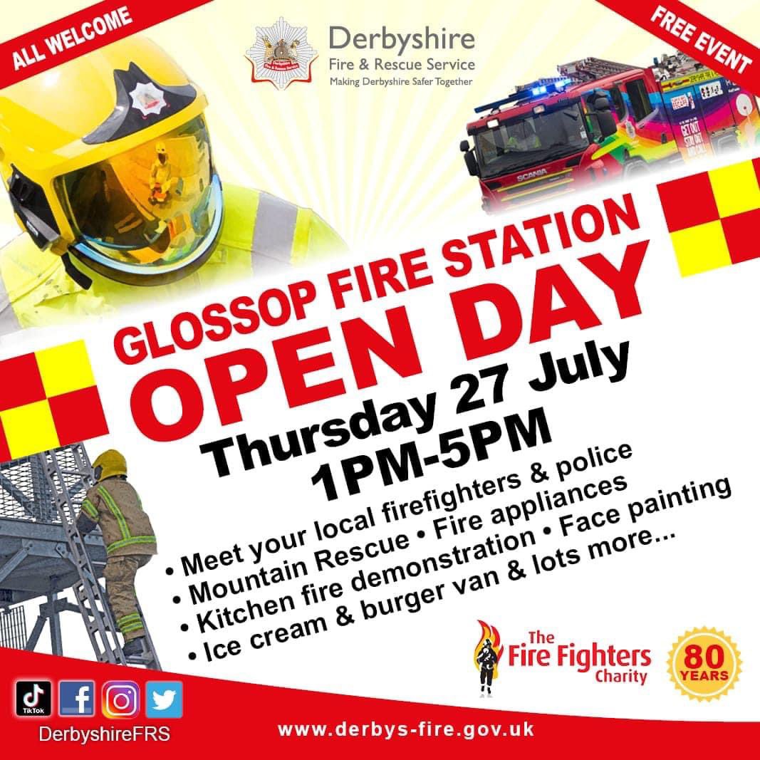 Looking for something to kick off the summer holidays in style? 

Why not pop along to Glossop Fire Station for our summer open day? Plenty to see and do and all raising money for The Fire Fighters Charity. 

Thursday 27th July 13:00-17:00

<a href="/DerbyshireFRS/">Derbyshire Fire & Rescue Service</a>
