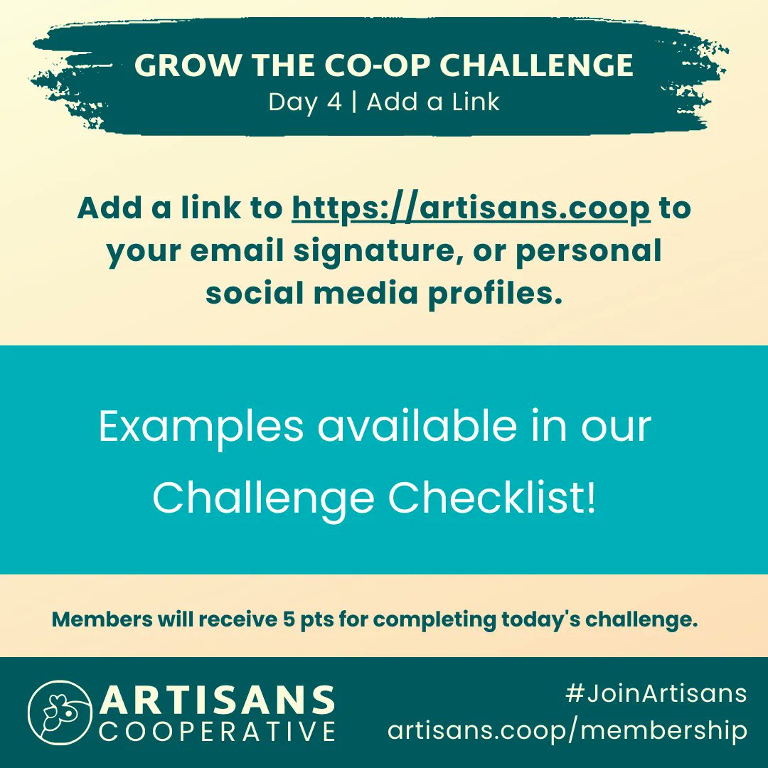 Day 4 Challenge - Add a link to artisans.coop to your email signature, or personal social media profiles. 

Link in bio for more details and to join the challenge! 

#JoinArtisans #GrowTheCoop