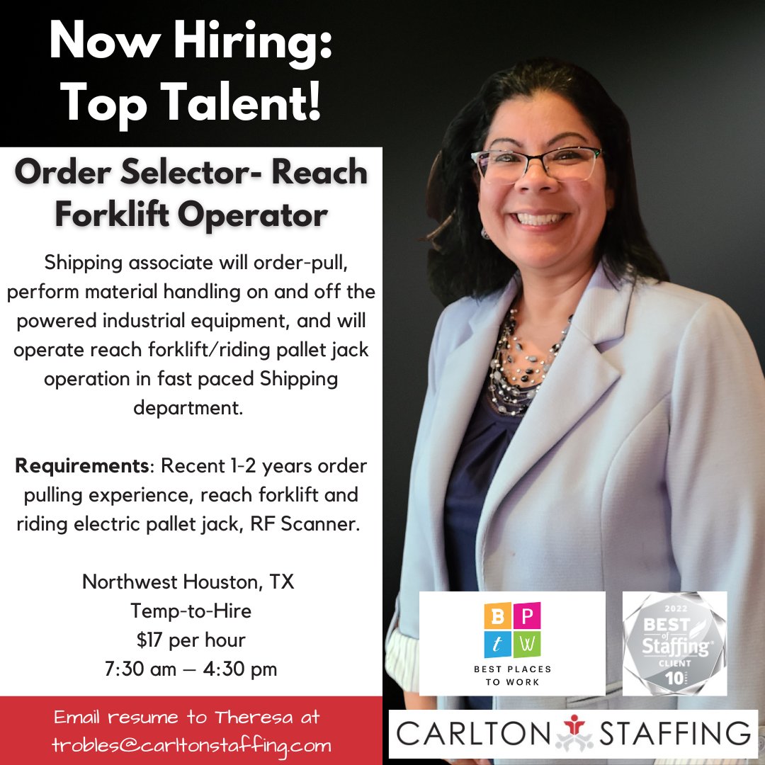 Theresa is hiring a Forklift Operator for her Northwest Houston client!  Give us a call at 713.329.9990 or apply online today! conta.cc/3CvldL6