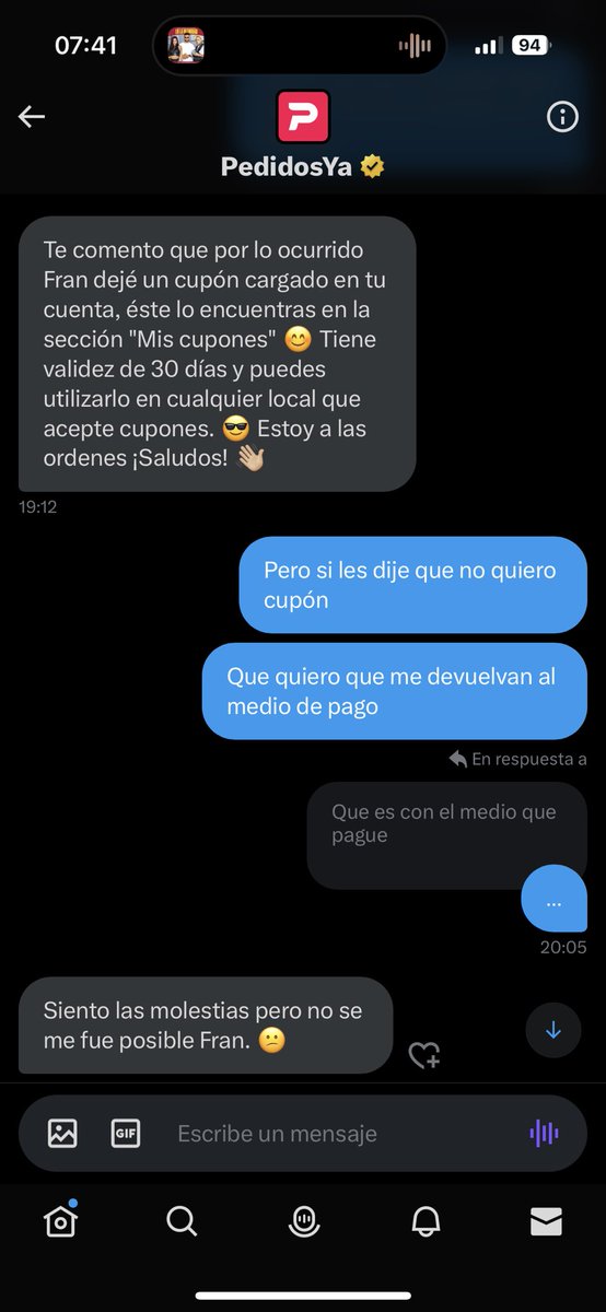 FranMuzzo's tweet photo. @pedidosya estafadores. No solo que no cumplen enviando lo que uno paga si no que ni si quiera te dan una solución. https://t.co/qJhURbzxLR