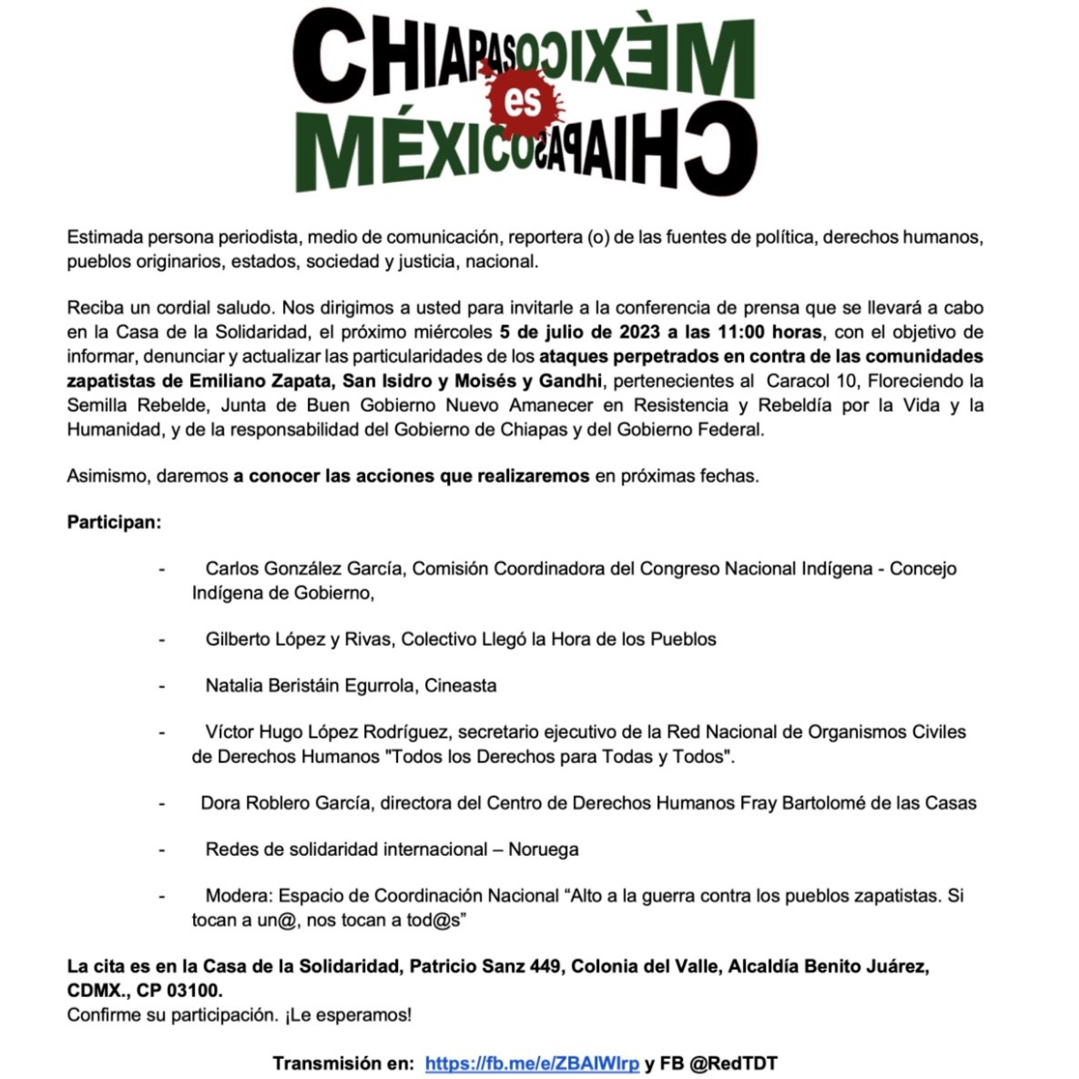 RedTDT's tweet photo. #EnAgenda| Conferencia de prensa 🎙️

"#ChiapasEsMéxico: Alto a la guerra contra los pueblos zapatistas”

📅 Miércoles 5 de julio
🕚11:00 hrs
📍https://t.co/GgX5inoCDJ
Transmisión en: https://t.co/OBOpjodIuh y FB @RedTDT

¡Confirma tu participación! 
📩 comunicacion@redtdt.org.mx https://t.co/Em7Y58AMBK