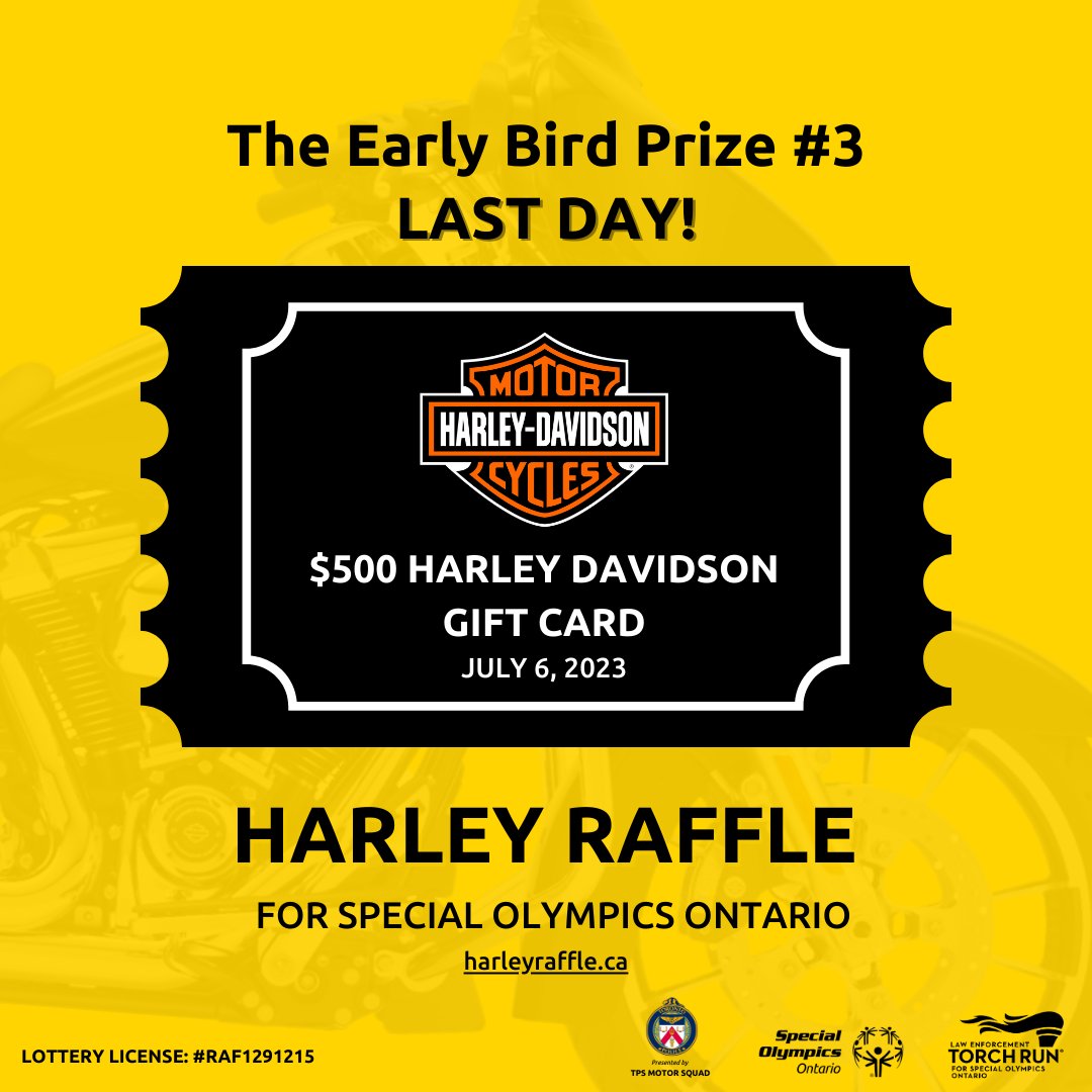 Last call for an incredible opportunity! Enter the Special Olympics Harley Raffle for a chance to win the Early Bird prize: a $500 Harley Davidson gift card! Hurry and secure your spot before it's too late! Visit harleyraffle.ca to buy your tickets today! #HarleyRaffle