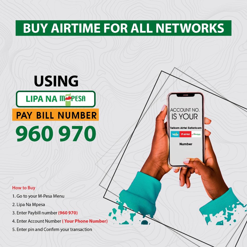 Buy or FULIZA  airtime  from saf to Airtel check  your  number  first Airtel *100*1# Telkom *130# 
Lipa na m-pesa 
Paybill -business  enter  960 970 
Account  your  Airtel  or Telkom

CASs Carrefour deals KPLC Judiciary Crazy Kennar Langata #KDHS2022 #FranceOnFire Russ High Court