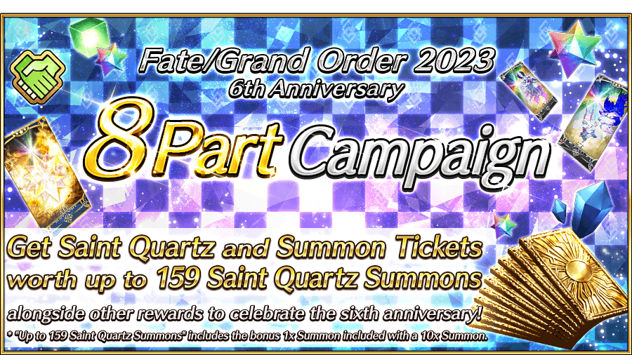 FateGO_USA's tweet photo. The Fate/Grand Order 6th Anniversary 8 Part Campaign is now live!

Don't miss out on special login bonuses, Limited Time Guaranteed Summon, and much more!

For more information, visit https://t.co/P3Un21c9QX
#FateGOUSA https://t.co/Qm4bGugval