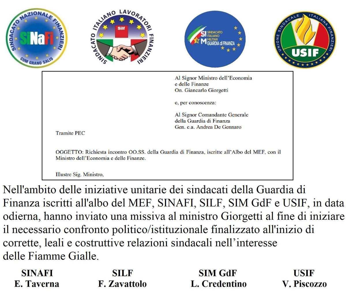 SFinanza's tweet photo. Nell'ambito delle iniziative unitarie dei sindacati della #GuardiadiFinanza iscritti all'albo del #MEF, #SINAFI, #SILF, #SIMGdF e #USIF, in data odierna, hanno inviato una missiva al Ministro #Giorgetti al fine di iniziare il necessario confronto politico/istituzionale. https://t.co/SbRSCxb5jB
