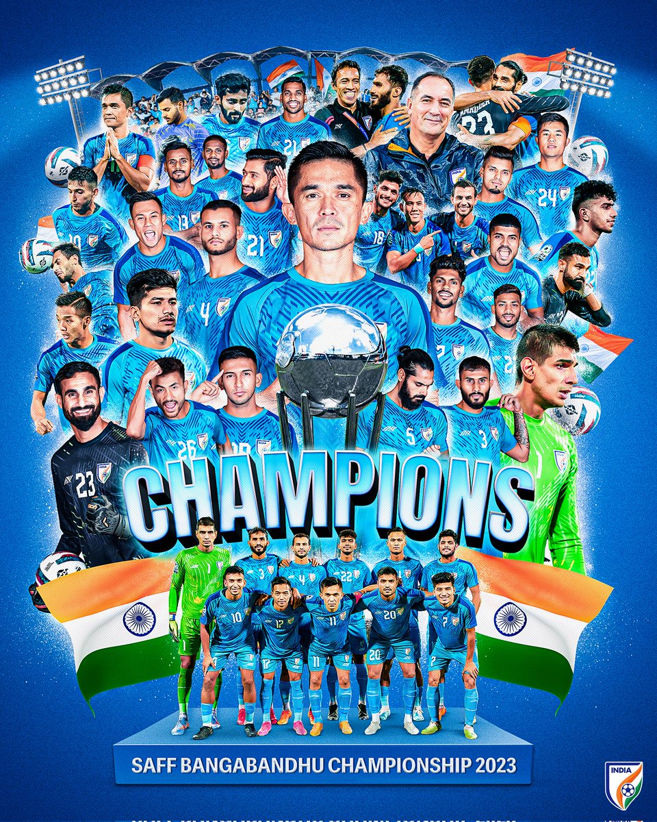 🇮🇳 INDIA are SAFF 𝐂𝐇𝐀𝐌𝐏𝐈𝐎𝐍𝐒 for the 9️⃣th time! 💙 🏆 1993 🏆 1997 🏆 1999 🏆 2005 🏆 2009 🏆 2011 🏆 2015 🏆 2021 🏆 𝟮𝟬𝟮𝟯 #SAFFChampionship2023 #BlueTigers 🐯 #IndianFootball ⚽