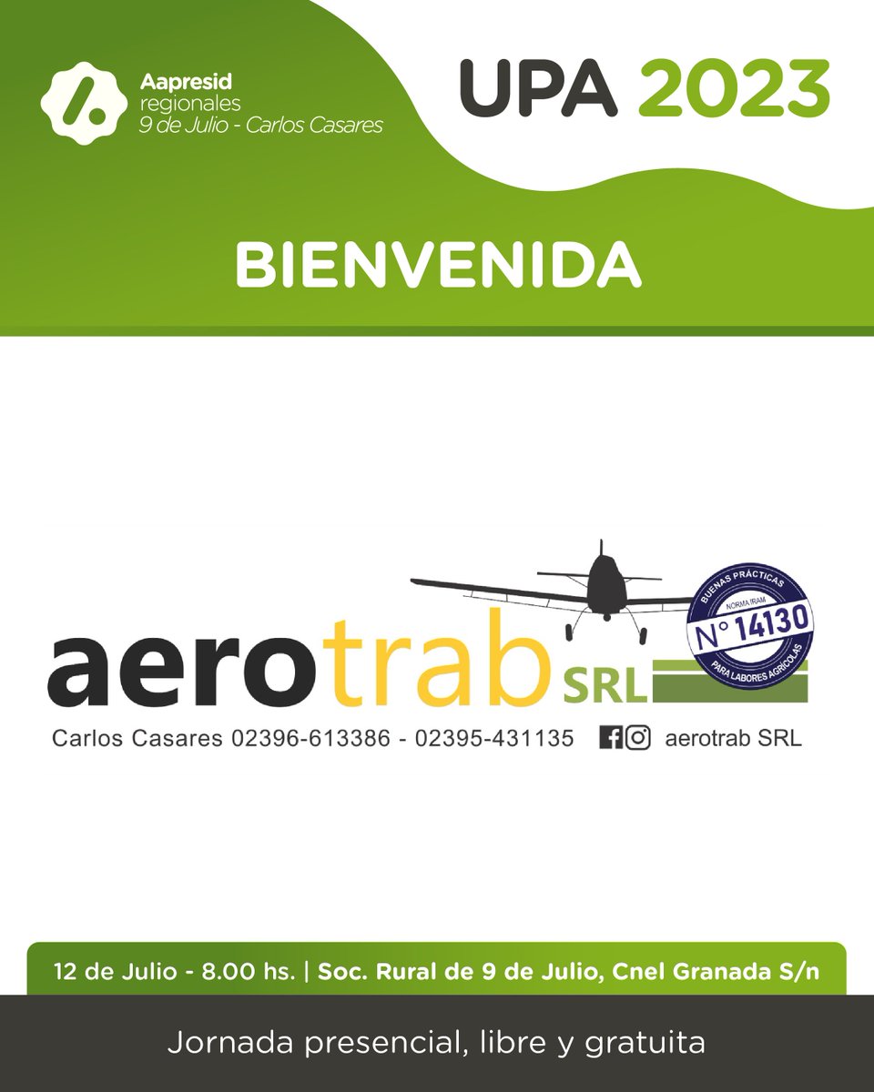 Aapresid9dj's tweet photo. 🙌 ¡Bienvenido @aerotrab a la #JORNADAUPA2023!

📆12 Julio
📍Soc. Rural de 9 de Julio - Pcia Bs As
⏰8 hs

👤 José Martínez
👤 Emilio Satorre
👤 Gustavo Lazzari

#UnProductorEnAccion #Aapresid #BuenosAires #9DeJulio #CarlosCasares #sustentabilidad #economiactual https://t.co/ldpMfkX6qr