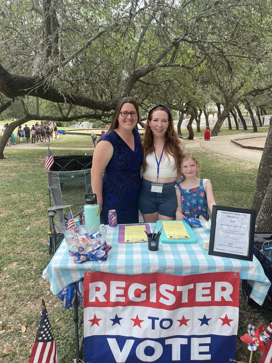 ErinForYall's tweet photo. Independence Day stop #2. Special shout out to Hannah Foarde for registering voters at the Plum Creek event! (And Lark wants y’all to know that the bouncy house was excellent.) https://t.co/pMjmbW2mPt