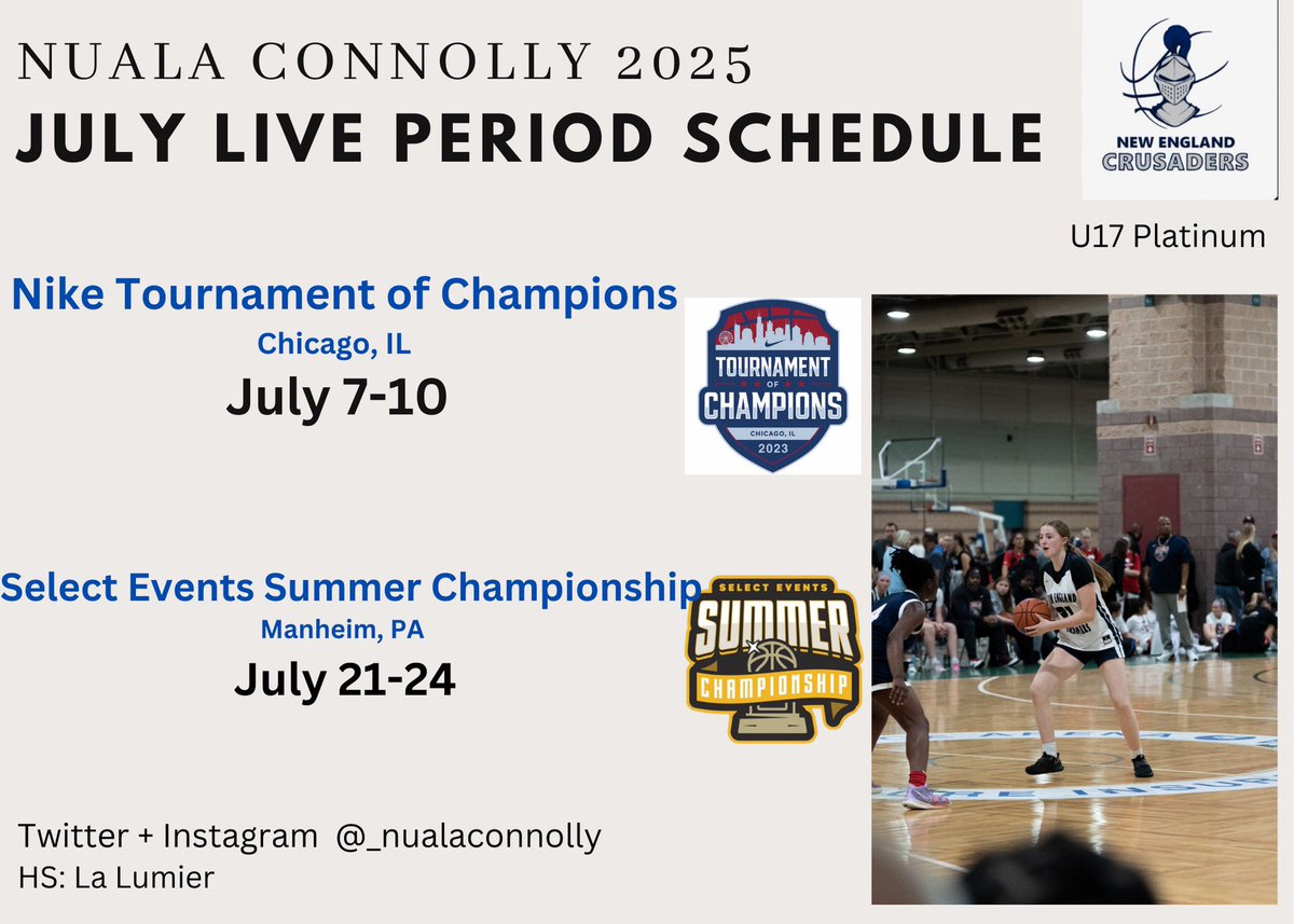 Nuala Connolly (@_nualaconnolly) on Twitter photo Here is my July live period schedule! <a href="/necrusaders/">New England Crusaders</a> <a href="/BashHoopsNE/">Bash Hudson</a> <a href="/HerHoopsNetwork/">Her Hoops Network</a> Here is my July live period schedule! <a href="/necrusaders/">New England Crusaders</a> <a href="/BashHoopsNE/">Bash Hudson</a> <a href="/HerHoopsNetwork/">Her Hoops Network</a>