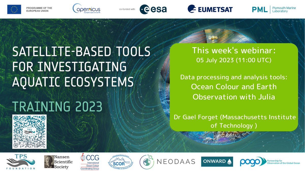 On tomorrow's webinar (11:00 UTC), Dr Gael Forget (@GaelForget, <a href="/MIT/">Massachusetts Institute of Technology (MIT)</a>),  will deliver a lecture on “Data processing and analysis tools: Ocean Colour and Earth Observation with Julia”. 
You don't want to miss it! 
Register at - shorturl.at/GHNW5