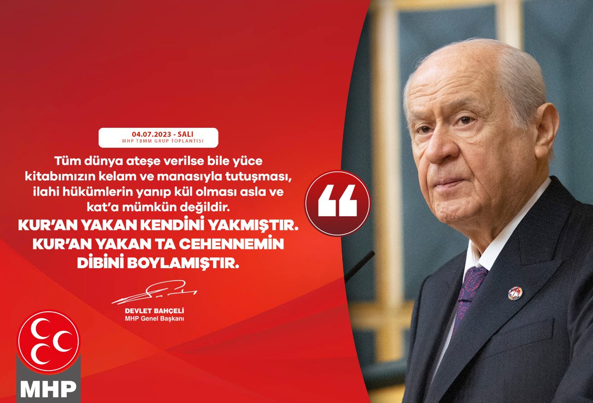 Tüm dünya ateşe verilse bile yüce kitabımızın kelam ve manasıyla tutuşması, ilahi hükümlerin yanıp kül olması asla ve kat’a mümkün değildir.
Kur’an yakan kendini yakmıştır.
Kur’an yakan ta cehennemin dibini boylamıştır.

Liderimiz 
Devlet BAHÇELİ
#DevletBahçeli 
<a href="/mhpgebzeilce/">mhp</a>