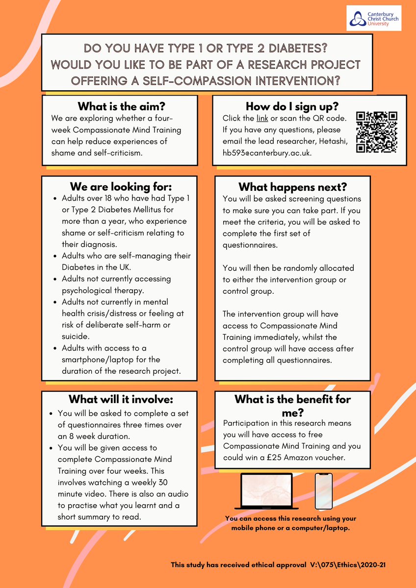 📣I am looking for participants to take part in my research project. 
If you have #T1DM or #T2DM and you would like to receive a self-compassion intervention, please see my new poster for more information and sign up at: cccusocialsciences.az1.qualtrics.com/jfe/form/SV_aW…
#GBDoc #DClinPsy <a href="/GBDocInfo/">GBDoc</a>