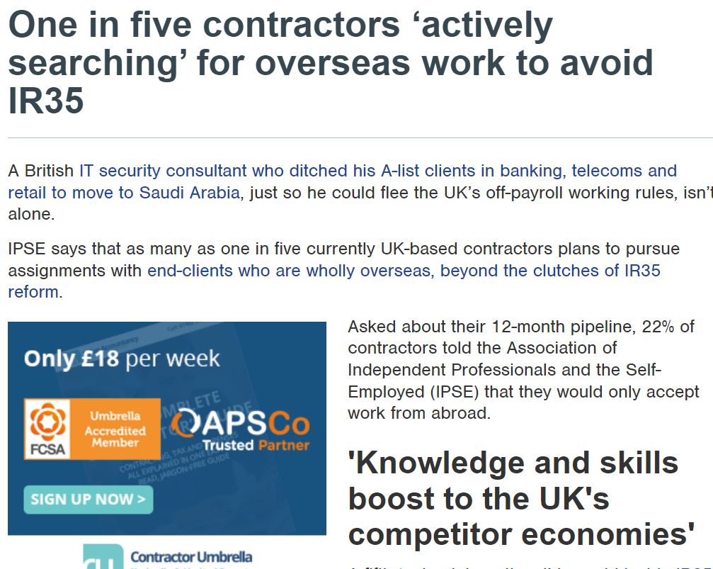 22% of contractors will now only accept work from overseas because of HMRC's punitive IR35 regulations.

What a terrible loss of talent to the British economy.