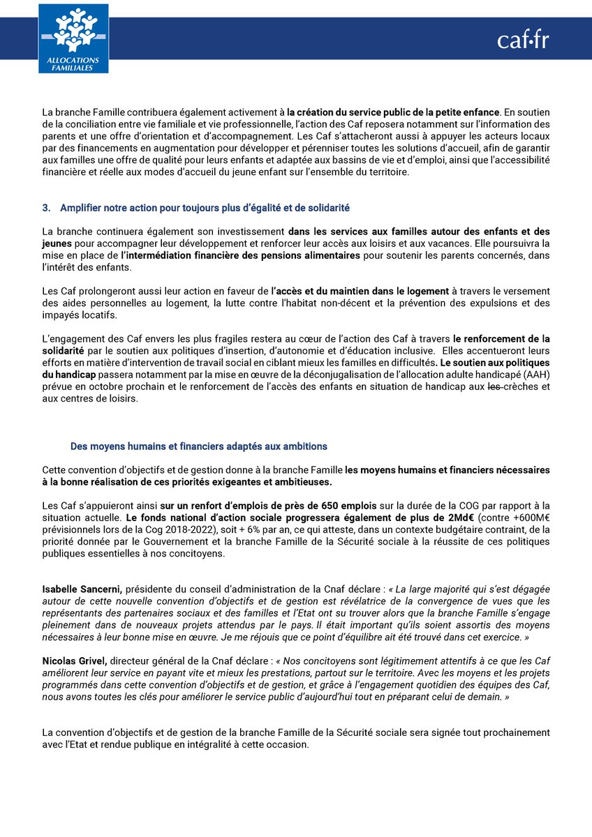 📰 #CommuniquéDePresse
Le conseil d’administration de la Cnaf adopte
largement une nouvelle convention d'objectifs et de gestion ambitieuse. 
Au cœur de cette feuille de route :
👪améliorer le service aux allocataires
🎯conduire de nouveaux projets porteurs de progrès
#COG #CAF