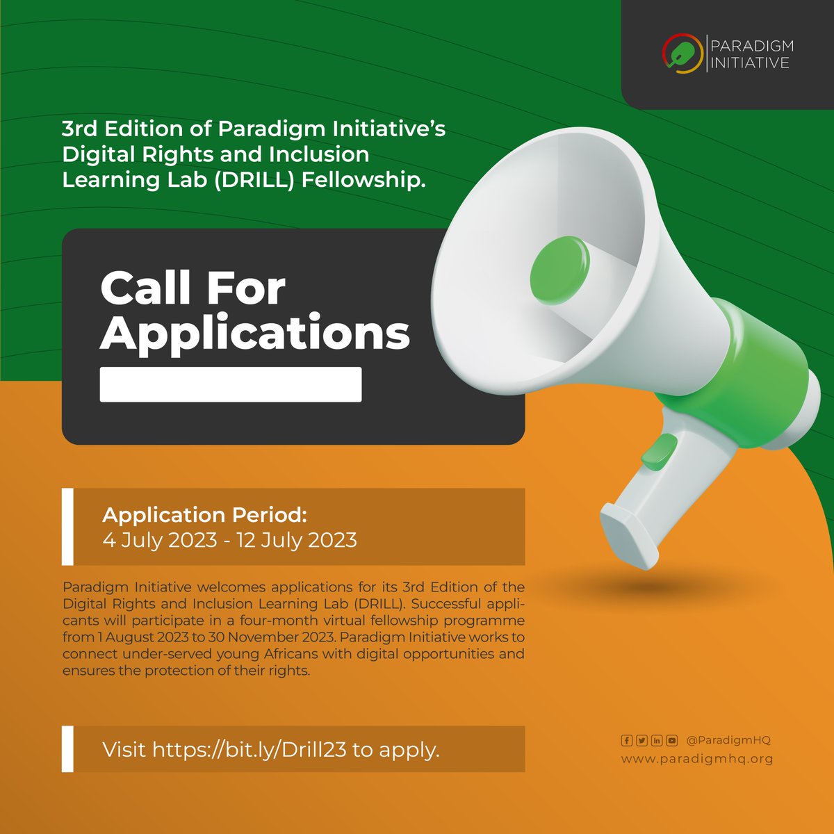 ParadigmHQ's tweet photo. 📢We are excited to invite you to apply for our 3rd Edition of the Digital Rights and Inclusion Learning Lab (DRILL) Fellowship.
Deadline: July 12th, 2023
Fellowship: 📅 Aug 1st-Nov 30th, 2023
Form 🔗https://t.co/Xz2oUVemWC
Learn more here:🔗https://t.co/F2KbSfWx0R https://t.co/eF1dQXLZlD
