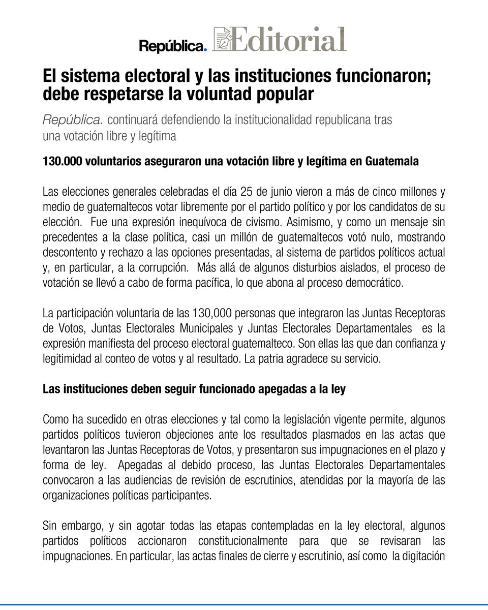 republicagt's tweet photo. #Editorial📰| El sistema electoral y las instituciones funcionaron; debe respetarse la voluntad popular

República. continuará defendiendo la institucionalidad republicana tras una votación libre y legítima.

https://t.co/2uA64oGo0I https://t.co/dwfMYELro8