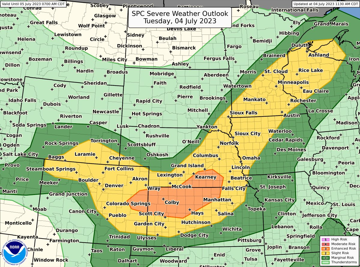 NWS Storm Prediction Center (@nwsspc) on Twitter photo There is an Enhanced risk of severe thunderstorms for parts of the central Plains with a broad area of Slight risk from the central Rockies into the Upper Midwest. Damaging winds (some 75+ mph) and large to very large hail are the main hazards. There is an Enhanced risk of severe thunderstorms for parts of the central Plains with a broad area of Slight risk from the central Rockies into the Upper Midwest. Damaging winds (some 75+ mph) and large to very large hail are the main hazards.