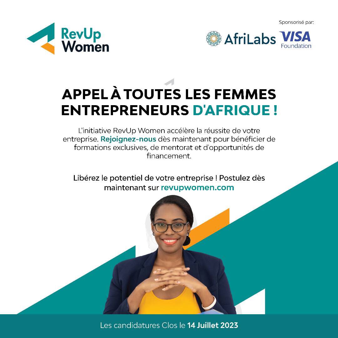 Chères femmes entrepreneurs africaines!🎯

Êtes-vous prêtes à faire passer votre entreprise au niveau supérieur ? 

Postulez pour participer au programme de développement d'entreprise de l'Initiative RevUp Women de <a href="/AfriLabs/">AfriLabs</a>, parrainé par la Fondation <a href="/Visa/">Visa</a>, et propulsez...

👇🏿