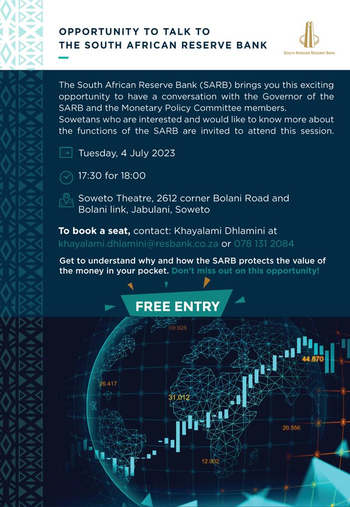 CityofJoburgZA's tweet photo. The #TalkToTheSARB is a session which offers an opportunity to gain an understanding on the functions of the @SAReserveBank, how the SARB  protects the value of money and why. ^PS https://t.co/xlzP4GpqM4