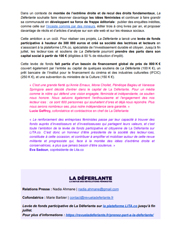 marion_pillas's tweet photo. C'est avec des trémolos dans la voix qu'on vous annonce que 4 des plus plus grandes autrices féministes françaises entrent au capital de @deferlanterevue . Merci à Annie Ernaux, @PenelopeB , @monachollet et Vanessa Springora ainsi qu'au 700 investisseur-euses qui les rejoignent. https://t.co/fMviTl7MOq
