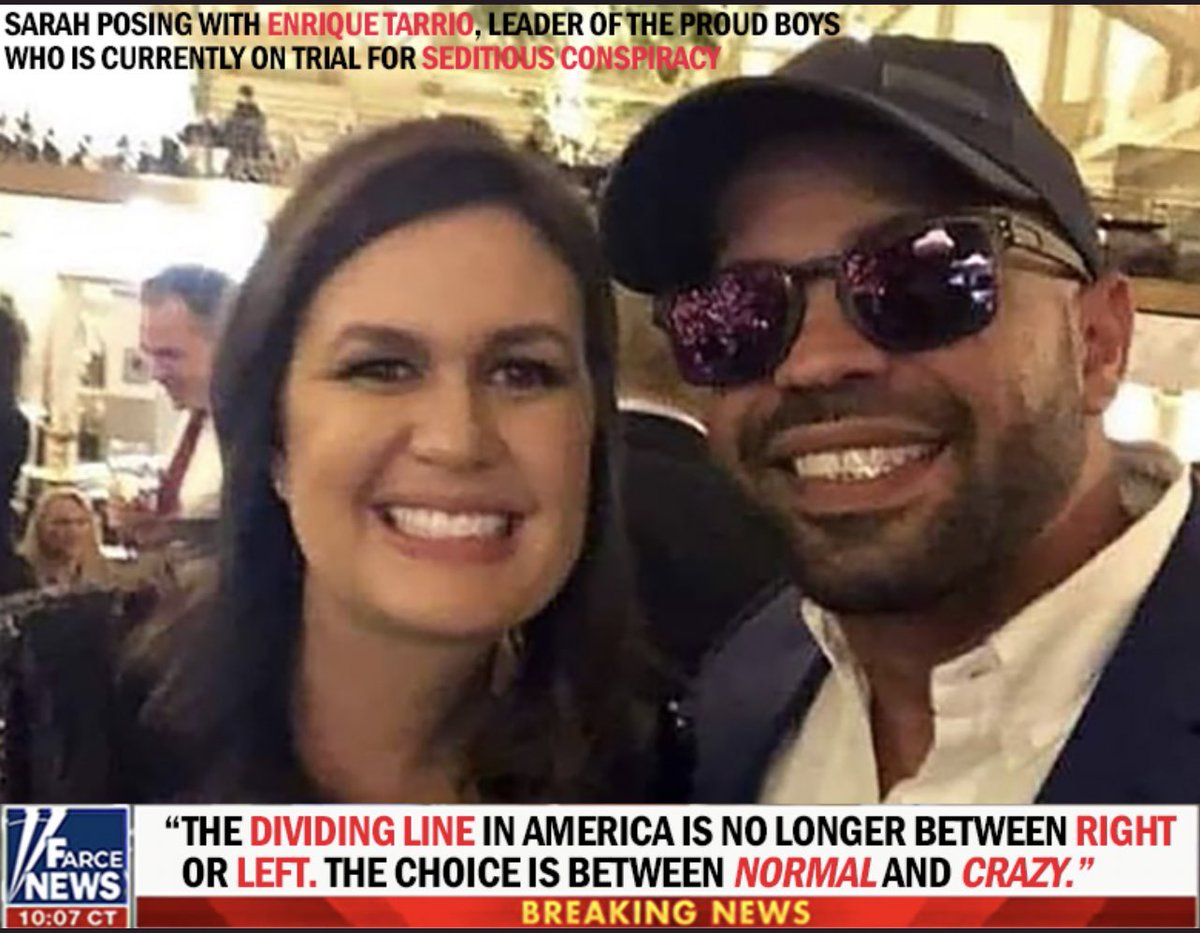 lisa_liberal's tweet photo. It would be a shame if this picture of Sarah Huckabee Sanders and Proud Boys leader Enrique Tarrio. Who was found guilty of Seditious Conspiracy over January 6th plot, was shared and RT’d https://t.co/Bw6cyvQlTY