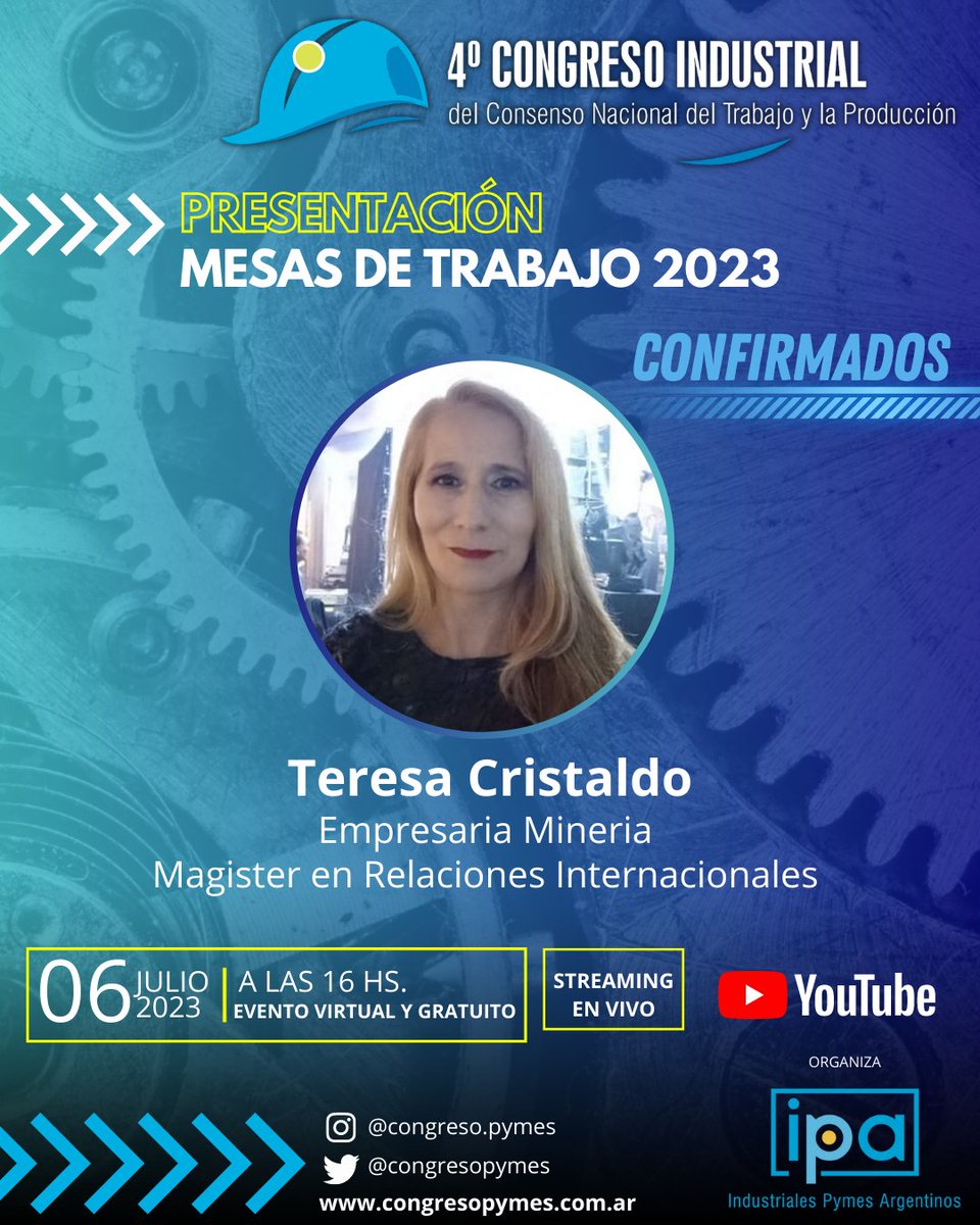 👥 ¡CONFIRMADOS AL MOMENTO! No te pierdas de la Presentación de las Mesas de Trabajo de esta 4ta Edición...

🗓️ 06 de julio a las 16 hs.

📷 Streaming en vivo: youtube.com/live/_tBwN-XGT…

#mesadedialogo #pymes
#pymes #sindicatos #trabajadores #empleogenuino #Industria
