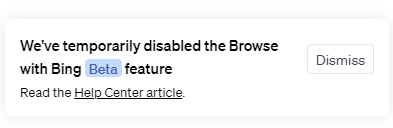 TodaysAIUpdate's tweet photo. "Temporarily disabling #ChatGPT's 'Browse' beta to fix issues like unexpected full-text URL retrieval. Prioritizing respect for content ownership. #OpenAI" https://t.co/uHd5p58mzD