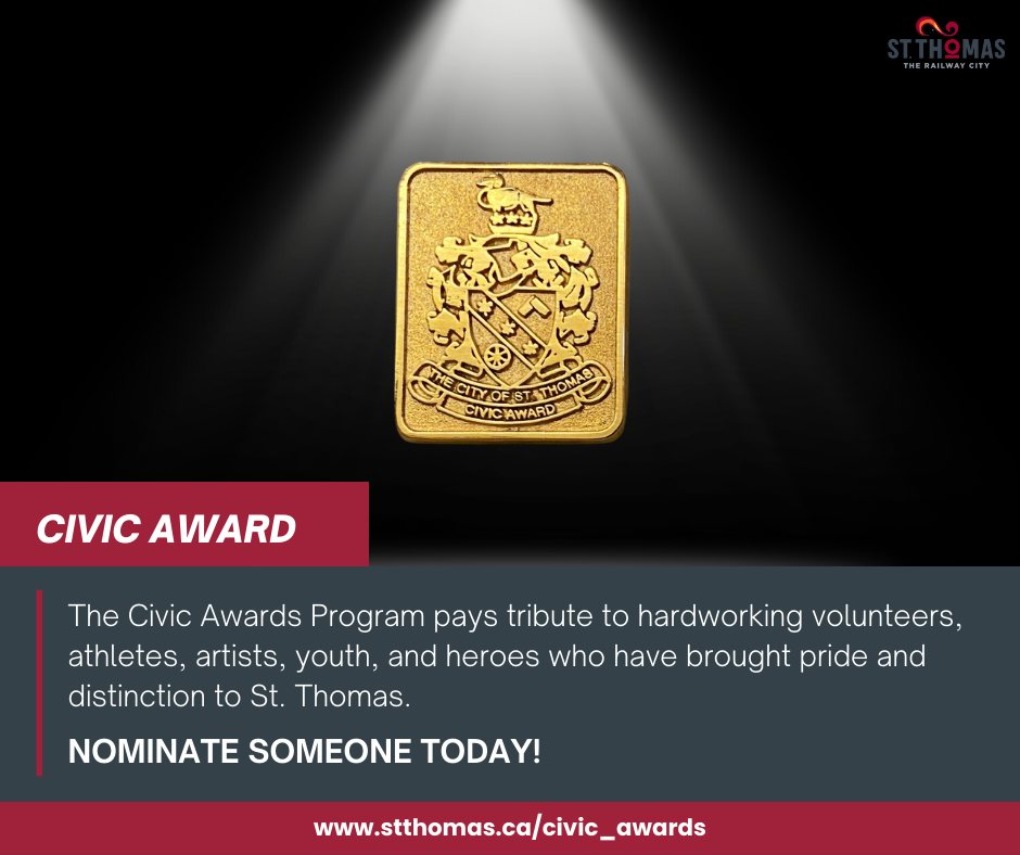 The City of St. Thomas celebrates the achievements of local volunteers, athletes, artists, youth, and heroes through our Civic Awards program. If you know someone who's work deserves to be acknowledged, nominate them today at stthomas.ca/civic_awards #therailwaycity
