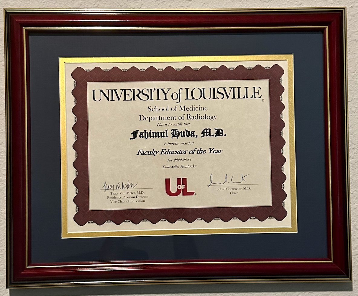 Fahim Huda, MD (@fahimhuda7) on Twitter photo 🌟 Honored to be named the Faculty Educator of the Year! 🎉✨ Grateful for this recognition and proud to be a part of such a fantastic radiology department <a href="/UofLRadiology/">Louisville Radiology</a> <a href="/uoflmedschool/">UofL Med School</a>
#FacultyEducatorOfTheYear #UofL 🌟 Honored to be named the Faculty Educator of the Year! 🎉✨ Grateful for this recognition and proud to be a part of such a fantastic radiology department <a href="/UofLRadiology/">Louisville Radiology</a> <a href="/uoflmedschool/">UofL Med School</a>
#FacultyEducatorOfTheYear #UofL