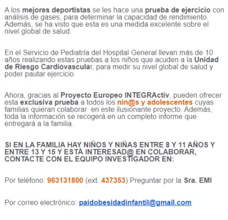 achoverg's tweet photo. @HGUVALENCIA @integractiv_jpi @LAlqueriaVBC @valenciabasket @apuntnoticies @apuntesports 🧵Comparto información de contacto y en que consiste el estudio por si alguno está interesado en participar: 

ESTUDIO: Identificación y validación de biomarcadores integradores de nivel de actividad física y salud en niños y adolescentes. Acrónimo: INTEGRActiv https://t.co/1rObHQc8jm