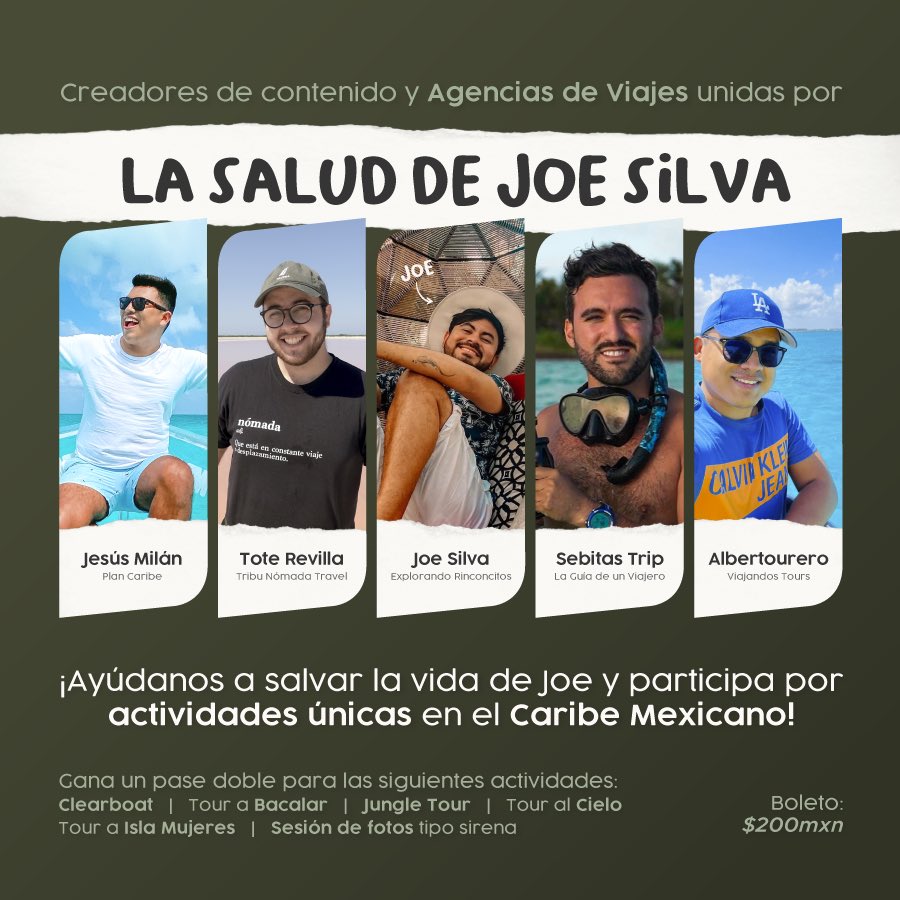 Ayúdanos a salvar la vida de nuestro amigo Joe de #ExplorandoRinconcitos y gana todas estas actividades en el #CaribeMexicano 🩵

🏝️Tour a Isla Mujeres
☀️Tour a Bacalar
🚤Jungle Tour
👙Lancha Transparente
🐟Tour al Cielo, Cozumel 
🧜‍♀️ Mermaid Experience 📸

<a href="/VivoEnCancun/">Vivo en Cancún 🏖️</a>