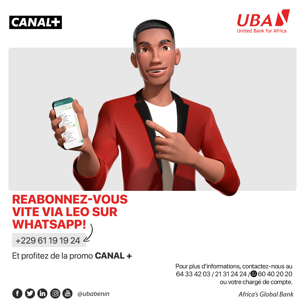 UBABenin's tweet photo. Profitez pleinement de la promo CANAL+ en vous réabonnant immédiatement via Leo sur WhatsApp et suivez les prochains épisodes de votre série CANAL+ ORIGINAL #BlackSantiagoClub , du film #TheWomanKing .
#AfricasGlobalBank #UBABénin #CANALPLUSBENIN https://t.co/fwwiuQ83G5