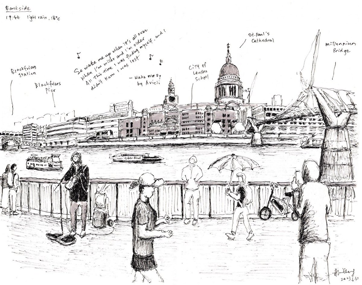 18c with drizzle on the last night of June this year. But nothing has stopped from singing, running, relaxing and even sketching along Bankside. On that evening we had @UrbSketchLondon and @Tate sketch groups!
·
PS I will be @illustratorsfair on 8 July this Sat.