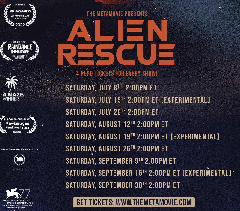 We're back!! Summertime dates are out &amp; we have a lot planned for this run! Check out all the details here: shorturl.at/pLMPV &amp; find tix here: themetamovie.com! 4 Hero tix for every show: grab some friends &amp; check us out!

#cinematicvr #pcvr #immersive #Theatre #VR