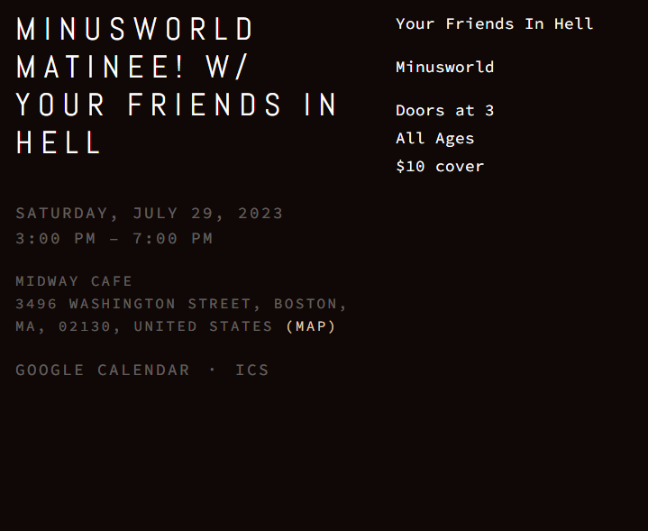 MinusworldBand's tweet photo. Minus-Matinee with Your Friends in Hell at the Midway!  End of July!  Other acts TBD. Doors 3/all ages/$10 https://t.co/rdFybKw0PT