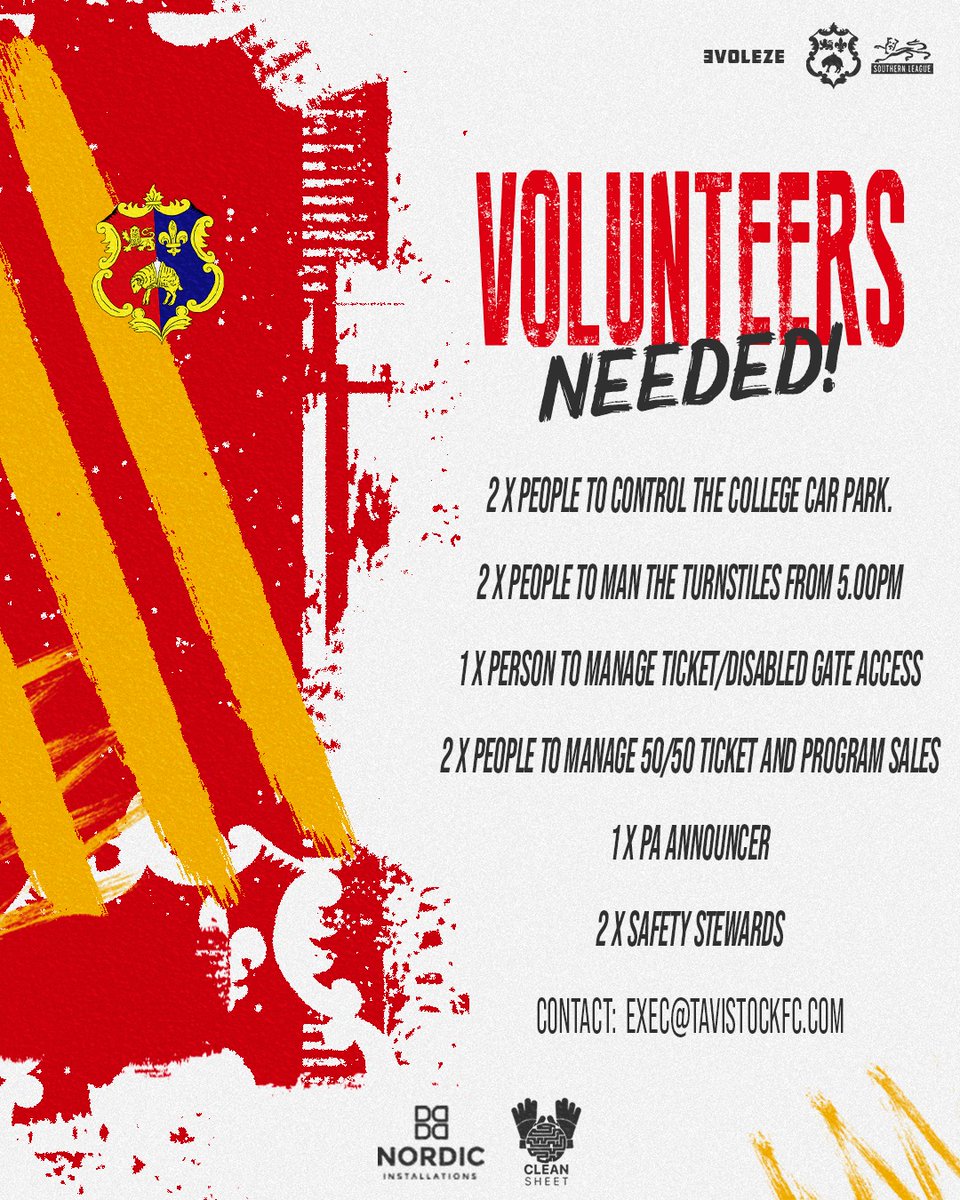 Volunteers needed for our pre-season friendly vs <a href="/htafc/">Huddersfield Town</a> on Weds 12th, plus various roles for the season ahead <a href="/nonleaguevol/">Non-League Volunteers</a> <a href="/tavistocktimes/">Tavistock Times</a> <a href="/TavistockBID/">Visit Tavistock</a> <a href="/TavistockUK/">Tavistock Devon UK</a>