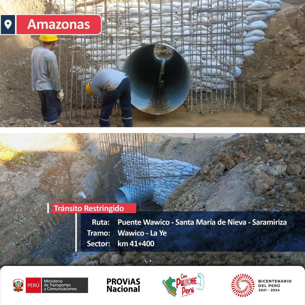 ProviasNac_Peru's tweet photo. #AMAZONAS
🚜Seguimos trabajando en la ruta Wawico - Saramiriza, reconformando las alcantarillas afectadas en el km 41 de tramo Wawico - La Ye.
⚠️El tránsito se mantiene habilitado de manera restringida en tanto continúen las intervenciones en la zona.
#pvninforma #MTContigo https://t.co/p5yKAUgvtZ