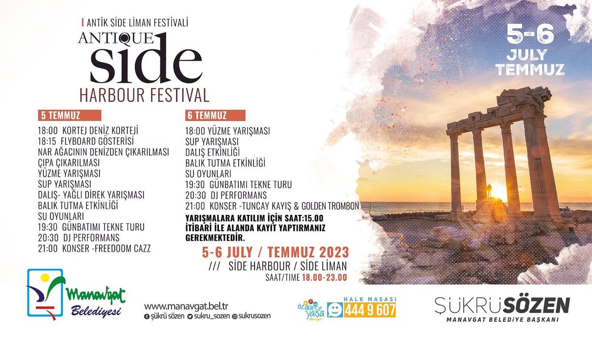 sukru_sozen's tweet photo. 5-6 Temmuz 2023 tarihlerinde yapılacak olan Antik Side Liman Festivali’mizin programını siz değerli halkımızla paylaşıyoruz. Festivalimize tüm halkımız davetlidir.
#AntikSide
#Festival
#Manavgat
#ManavgatBelediyesi https://t.co/ctuGpNXUEP