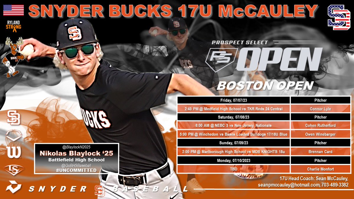 Snyder Baseball (@snyderbaseball) on Twitter photo Snyder Bucks 17U McCauley SCHEDULE
Check out our schedule for the <a href="/PSBaseballinc/">Prospect Select</a>
Boston Open. First game is Friday at 2:45 PM at Medfield HS. '24 #Uncommitted Connor Lyle
<a href="/C_lyle09/">Connor Lyle</a> @BaseballBDHS gets the pearl for the first game.
Good Luck BUCKS!!!
🦌⚾️🦌 Snyder Bucks 17U McCauley SCHEDULE
Check out our schedule for the <a href="/PSBaseballinc/">Prospect Select</a>
Boston Open. First game is Friday at 2:45 PM at Medfield HS. '24 #Uncommitted Connor Lyle
<a href="/C_lyle09/">Connor Lyle</a> @BaseballBDHS gets the pearl for the first game.
Good Luck BUCKS!!!
🦌⚾️🦌