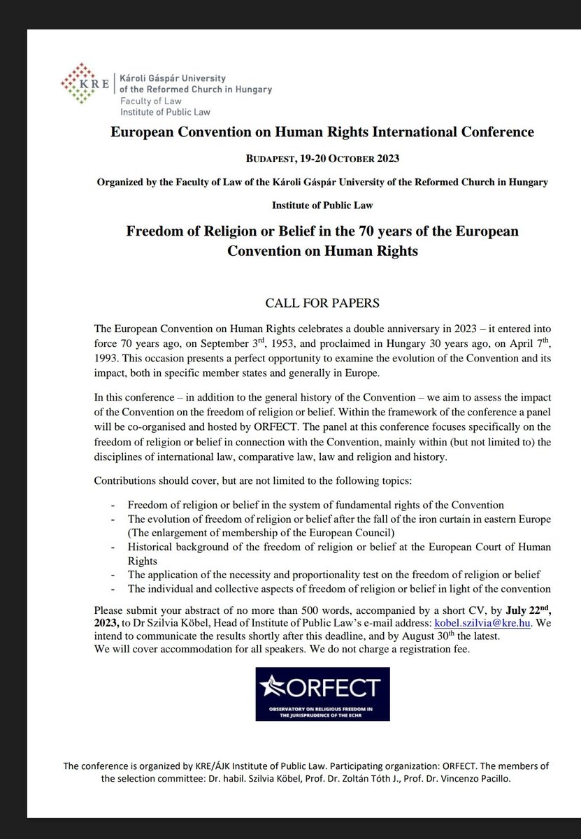 Vincenzo Pacillo (@pacillov) on Twitter photo Call for papers: Freedom of Religion or Belief in the 70 years of the European
Convention on Human Rights, conference to be held in Budapest, <a href="/KaroliEgyetem/">Károli Egyetem</a> . Please retweet. Call for papers: Freedom of Religion or Belief in the 70 years of the European
Convention on Human Rights, conference to be held in Budapest, <a href="/KaroliEgyetem/">Károli Egyetem</a> . Please retweet.