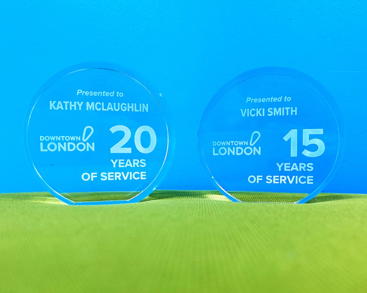 Downtown_London's tweet photo. Congratulations to Kathy and Vicki for their milestone work anniversaries this year! 👏🎉 

We are so thankful for the dedication and hard work that both of you have put into Downtown London. 🩵 https://t.co/8rfwU2izjk