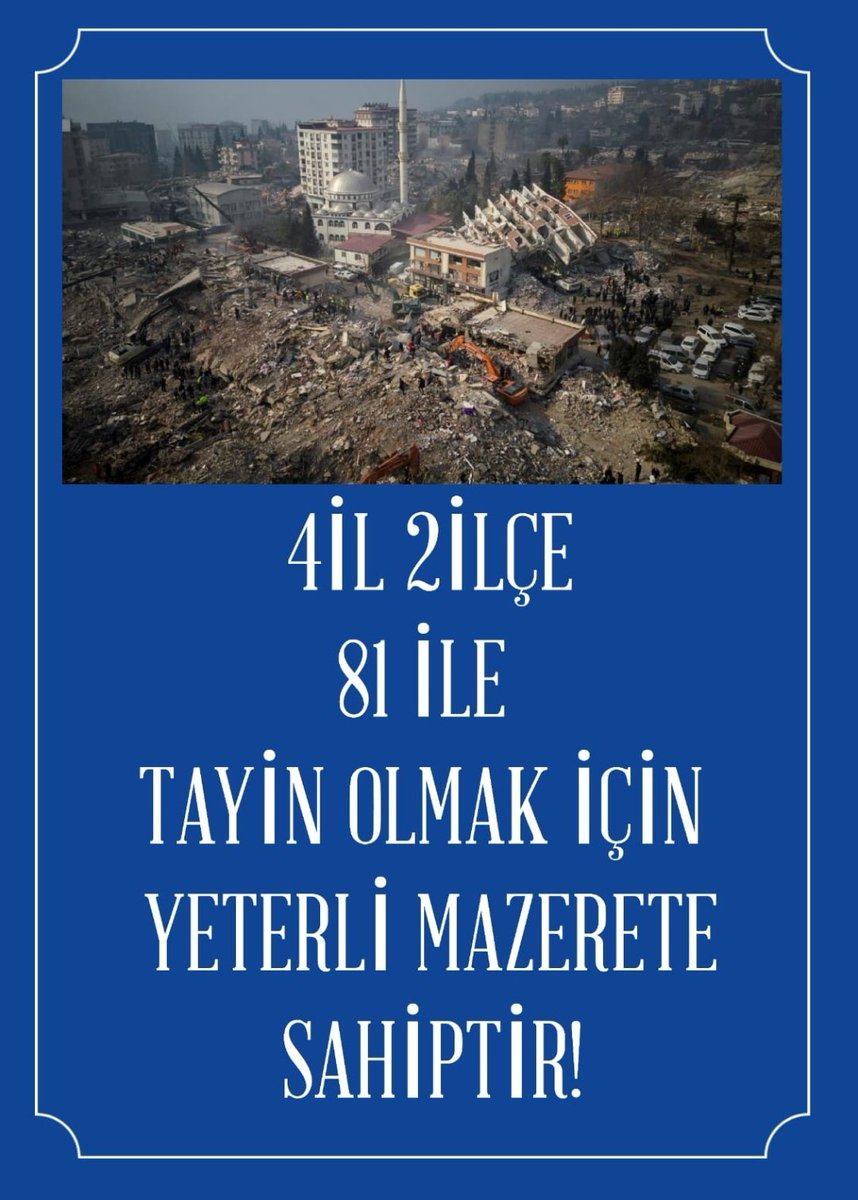 MebDepremeTümİller

4 il 2 ilçeye il dişı tayinin 22 il kapsamında olmasını kabul etmiyoruz.
81ili kapsamalı.
Depremzede ögretmene bir de sürgün muamelesi yapılıyor.
<a href="/Yusuf__Tekin/">Yusuf Tekin</a> 
<a href="/sorogretmenim/">Sor Öğretmenim</a> 
<a href="/ogretmenlersyfs/">Öğretmenler Sayfası</a> 
@faceogretmen 
<a href="/oguzozat/">Oğuz ÖZAT</a> 
<a href="/HurEgitimSen/">Hürriyetçi Eğitim Sen Genel Merkezi</a> 
<a href="/mebpgm/">Personel Genel Müdürlüğü</a>