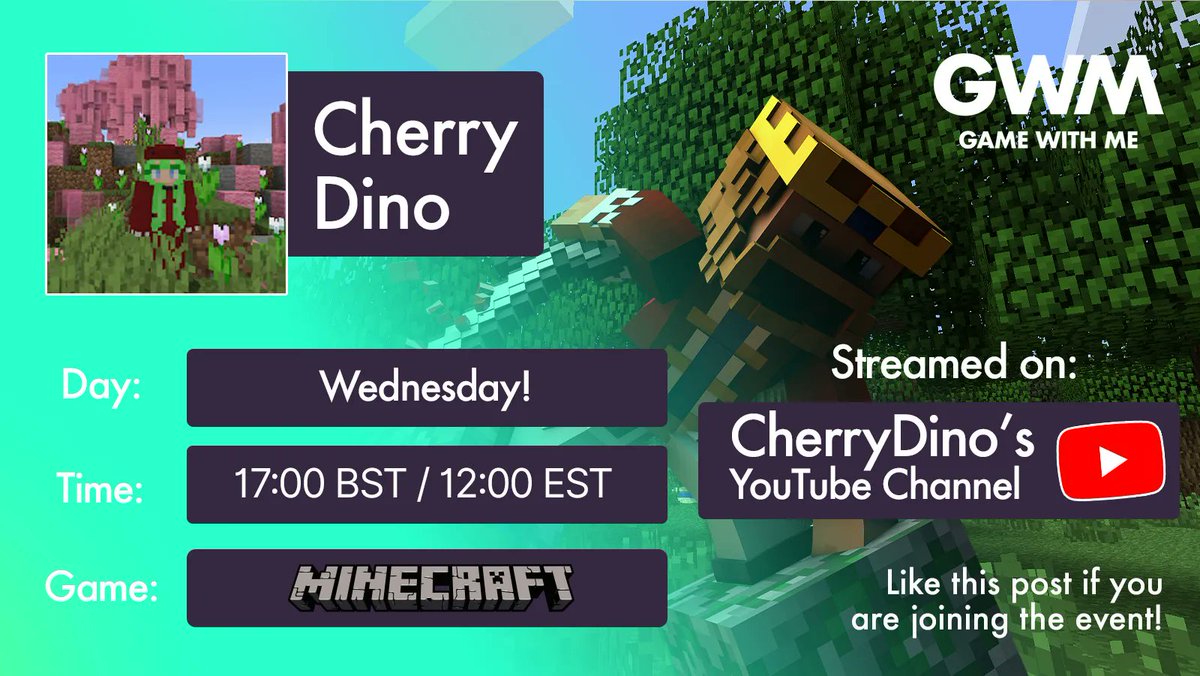 GameWithMeCo's tweet image. CherryDino will be doing a watch-only Minecraft Stream TOMORROW at 17:00 PM BST/12:00PM EST (5th July). Watch on CherryDino's YouTube channel when the time comes: buff.ly/3Nsfsm7 #Minecraft #minecraftstream #Minecraftbuilds