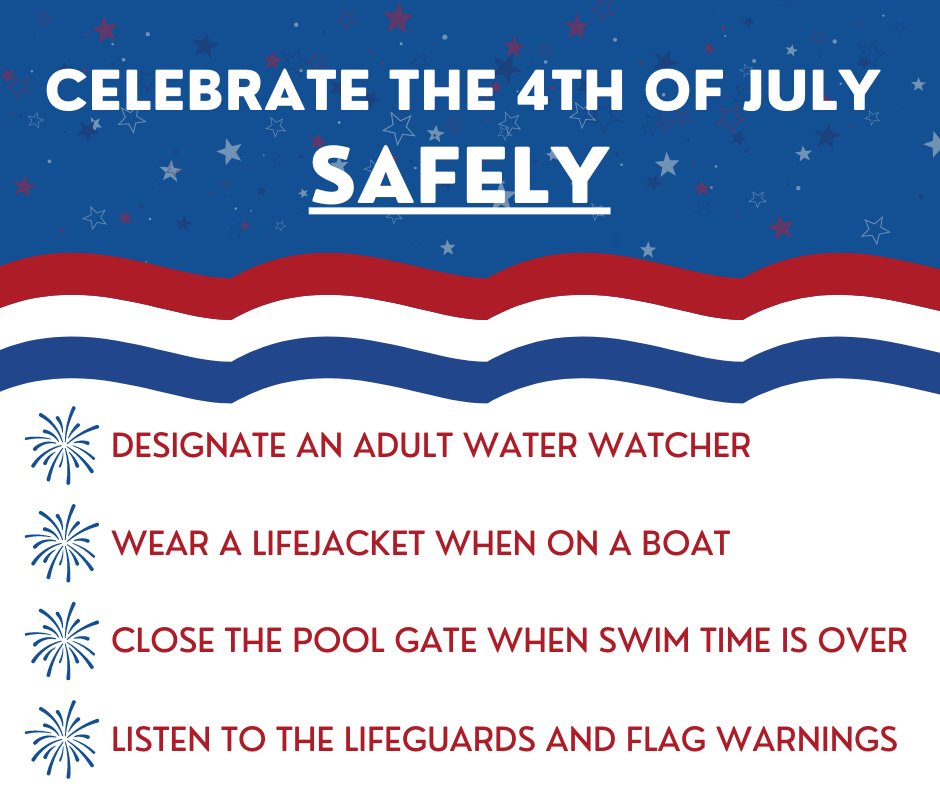 💙Happy 4th of July❤️If you are celebrating our nation's independence near a body of water, be sure to do so SAFELY. Picnics, barbeques, and pool parties are common places for accidental drownings.
