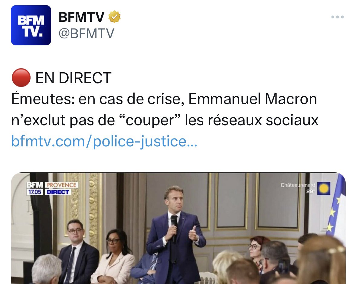 Et voilà !
On le disait dès le 1er jour des #émeutes : la seule décision concrète sera une « coupure » des réseaux sociaux quand ça arrangera l’oligarchie !
#Macron vient de le confirmer ce soir !

C’était évident !  Tout ça les arrange !
Scandale totale, résistance totale !
⤵️