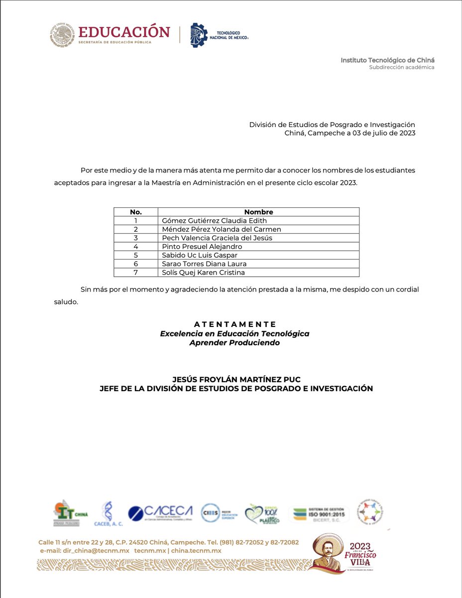 Alumnos aceptados a nivel posgrado.

#TecNMCampusChiná